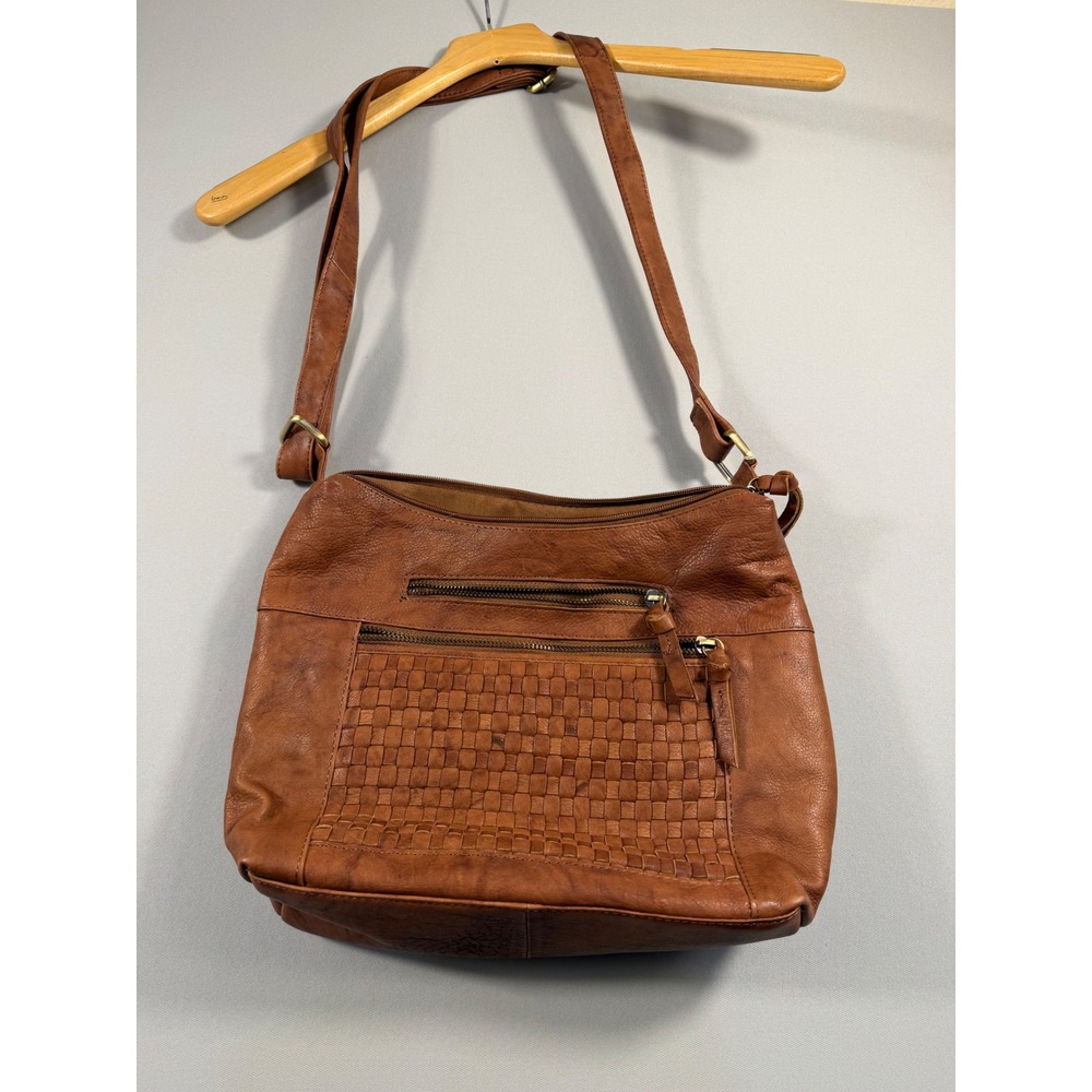 Great American Leather Works Brown Woven Leather Crossbody Bag Purse Organizer